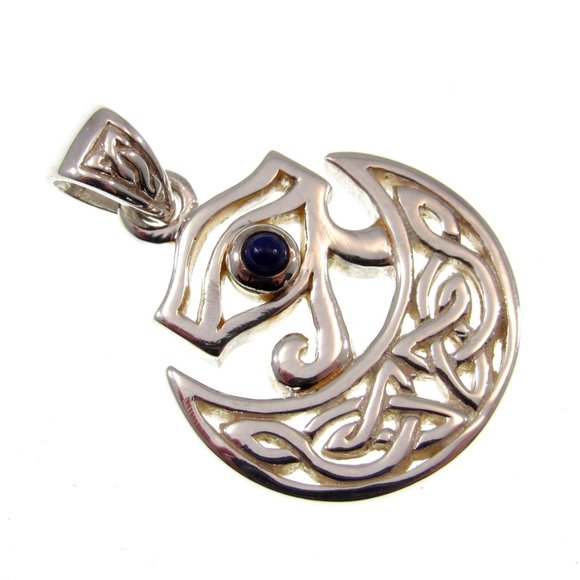 Solid 925 Sterling Silver Eye of RA / Horus Pendant & Celtic Half Moon w/ Lapis - Picture 3 of 5